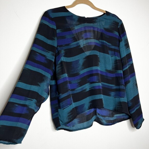 FRNCH Womens Top Semi-Sheer Blue Teal Black Sz L - Picture 3 of 10